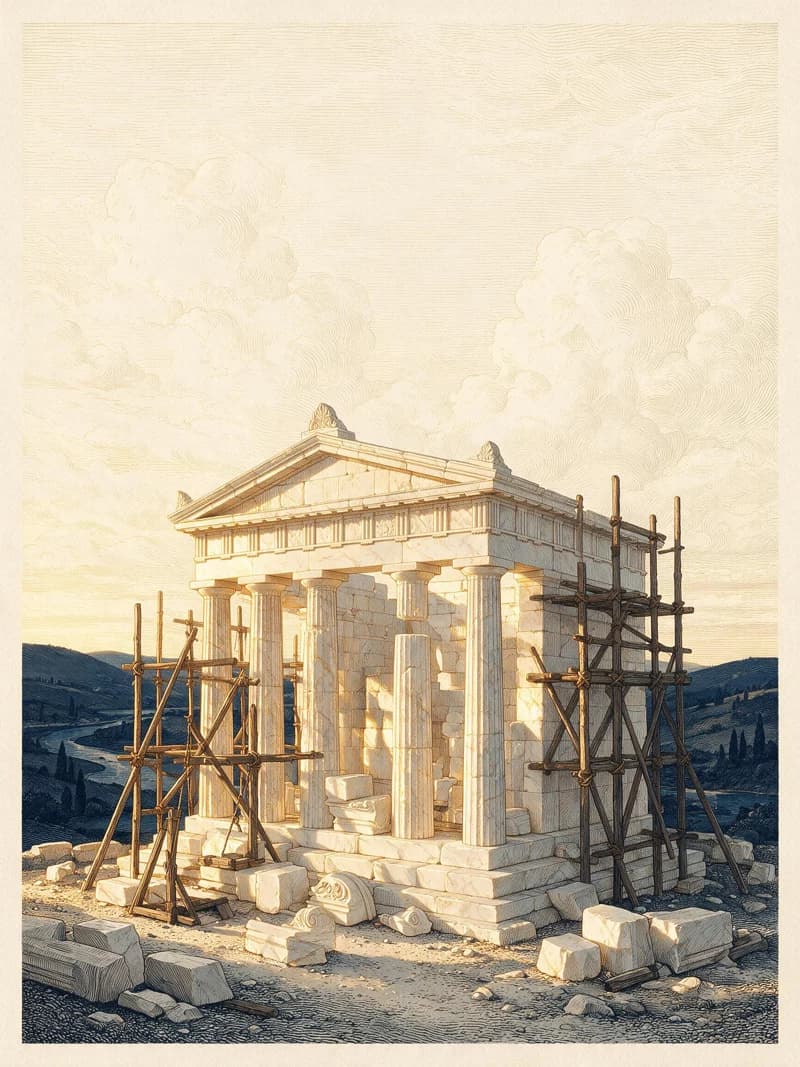 Templo clásico en construcción — símbolo de creación desde cero
